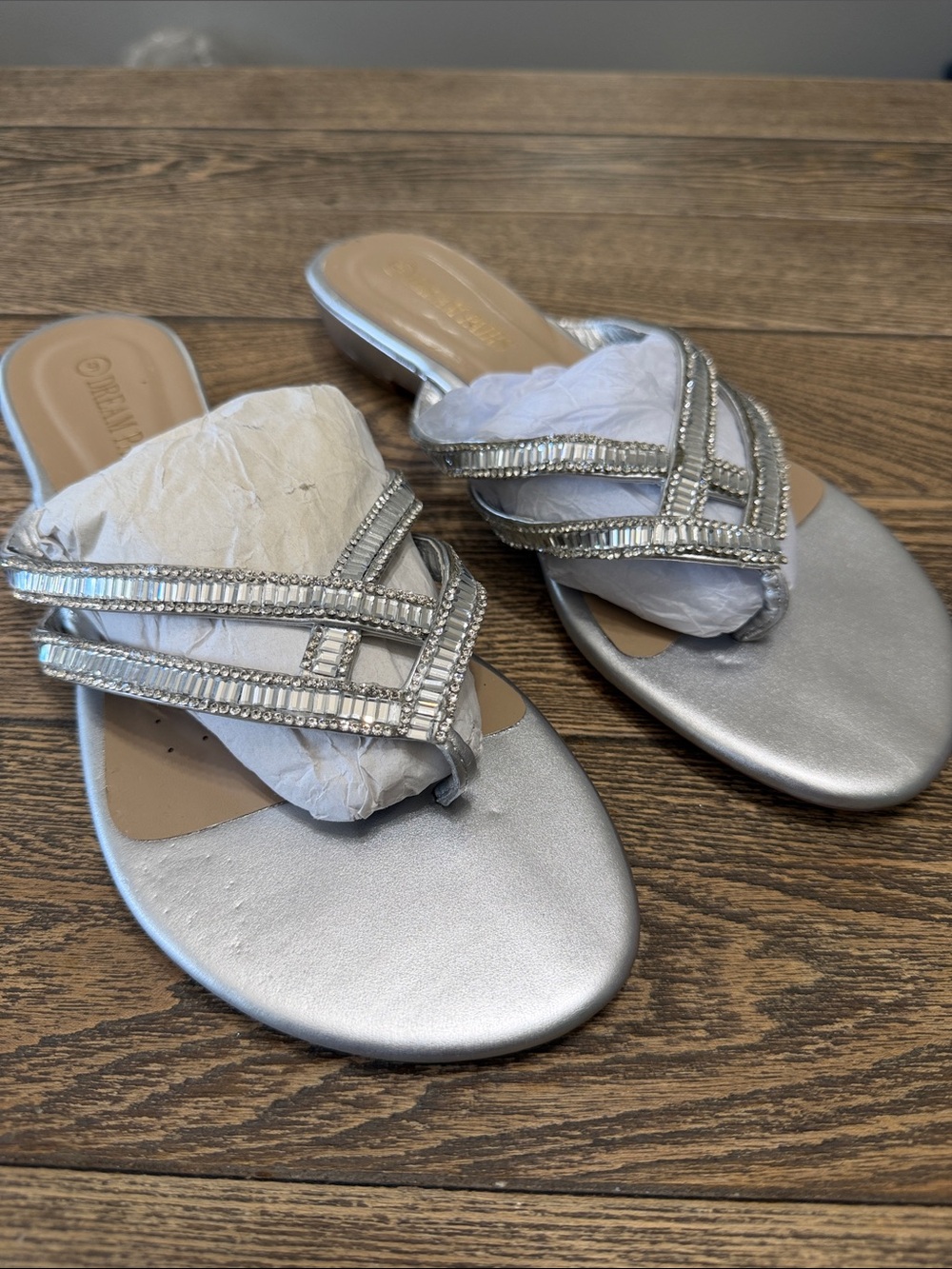 Silver Embellished Women's Slide Sandals - Elegant Crystal Straps 9 Summer